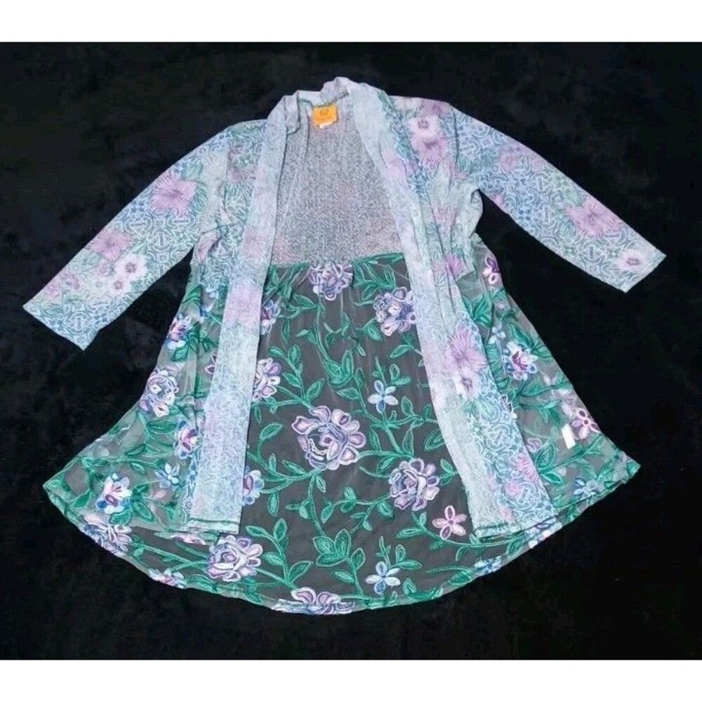 Ruby Rd Open Front Kimono Cardigan Duster Womens M Embroidered Floral Purple